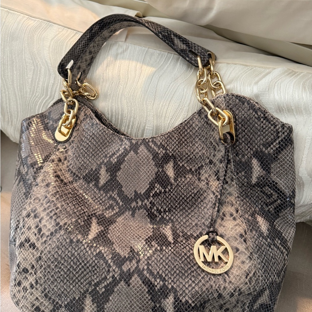 Michael Kors Gray Snake-Print Shoulder Tote with Gold Hardware